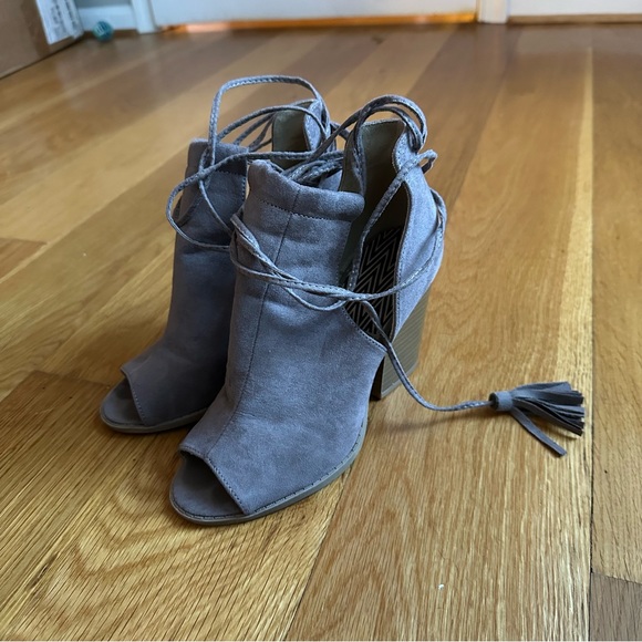 Taupe Peep Toe Boot Chunky Heel Shoes - Picture 6 of 7